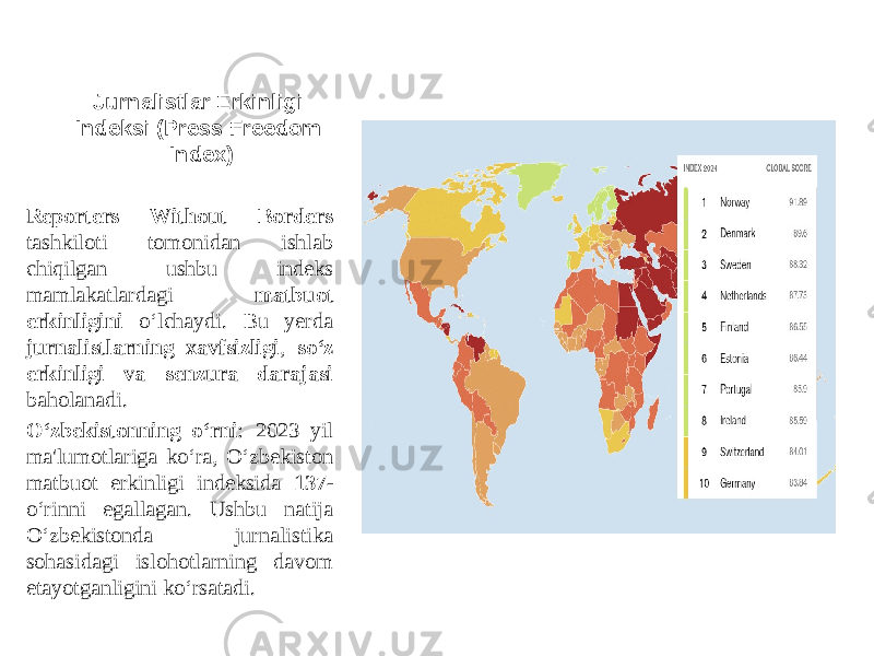 Jurnalistlar Erkinligi Indeksi (Press Freedom Index) Reporters Without Borders tashkiloti tomonidan ishlab chiqilgan ushbu indeks mamlakatlardagi matbuot erkinligini o‘lchaydi. Bu yerda jurnalistlarning xavfsizligi , so‘z erkinligi va senzura darajasi baholanadi. O‘zbekistonning o‘rni : 2023 yil ma&#39;lumotlariga ko‘ra, O‘zbekiston matbuot erkinligi indeksida 137- o‘rinni egallagan. Ushbu natija O‘zbekistonda jurnalistika sohasidagi islohotlarning davom etayotganligini ko‘rsatadi. 