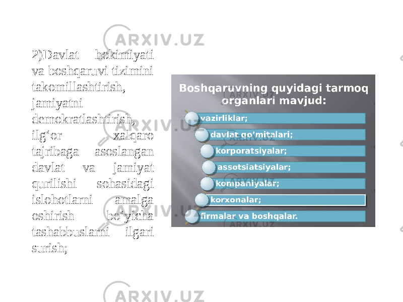 2) Davlat hokimiyati va boshqaruvi tizimini takomillashtirish, jamiyatni demokratlashtirish, ilg‘or xalqaro tajribaga asoslangan davlat va jamiyat qurilishi sohasidagi islohotlarni amalga oshirish bo‘yicha tashabbuslarni ilgari surish; 