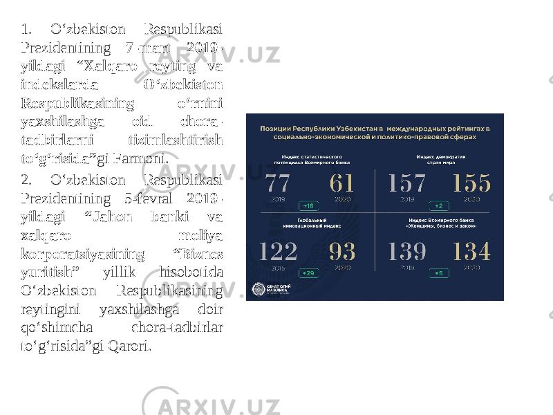 1. O‘zbekiston Respublikasi Prezidentining 7-mart 2019- yildagi “ Xalqaro reyting va indekslarda O‘zbekiston Respublikasining o‘rnini yaxshilashga oid chora- tadbirlarni tizimlashtirish to‘g‘risida” gi Farmoni. 2. O‘zbekiston Respublikasi Prezidentining 5-fevral 2019- yildagi “Jahon banki va xalqaro moliya korporatsiyasining “Biznes yuritish” yillik hisobotida O‘zbekiston Respublikasining reytingini yaxshilashga doir qo‘shimcha chora-tadbirlar to‘g‘risida”gi Qarori. 