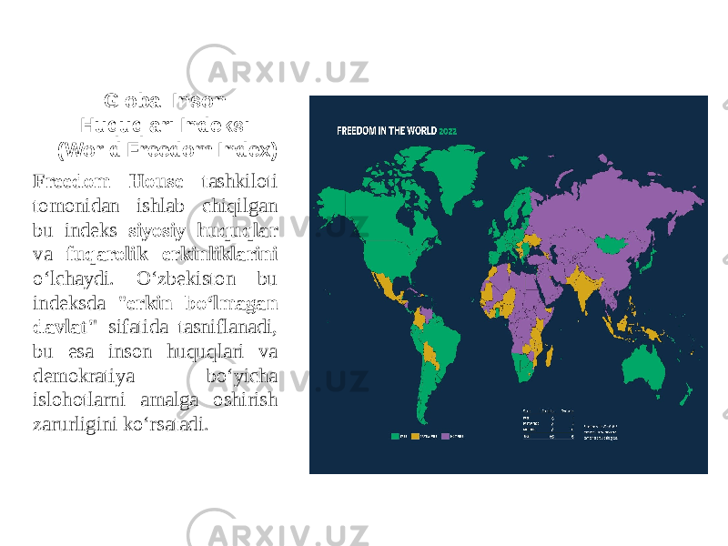 Global Inson Huquqlari Indeksi (World Freedom Index) Freedom House tashkiloti tomonidan ishlab chiqilgan bu indeks siyosiy huquqlar va fuqarolik erkinliklarini o‘lchaydi. O‘zbekiston bu indeksda &#34; erkin bo‘lmagan davlat&#34; sifatida tasniflanadi, bu esa inson huquqlari va demokratiya bo‘yicha islohotlarni amalga oshirish zarurligini ko‘rsatadi. 
