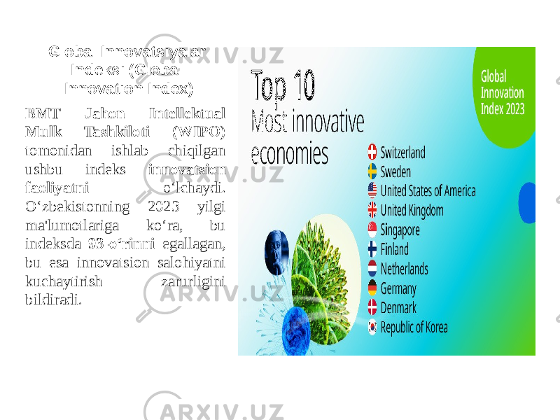 Global Innovatsiyalar Indeksi (Global Innovation Index) BMT Jahon Intellektual Mulk Tashkiloti (WIPO) tomonidan ishlab chiqilgan ushbu indeks innovatsion faoliyatni o‘lchaydi. O‘zbekistonning 2023 yilgi ma&#39;lumotlariga ko‘ra, bu indeksda 93-o‘rinni egallagan, bu esa innovatsion salohiyatni kuchaytirish zarurligini bildiradi. 