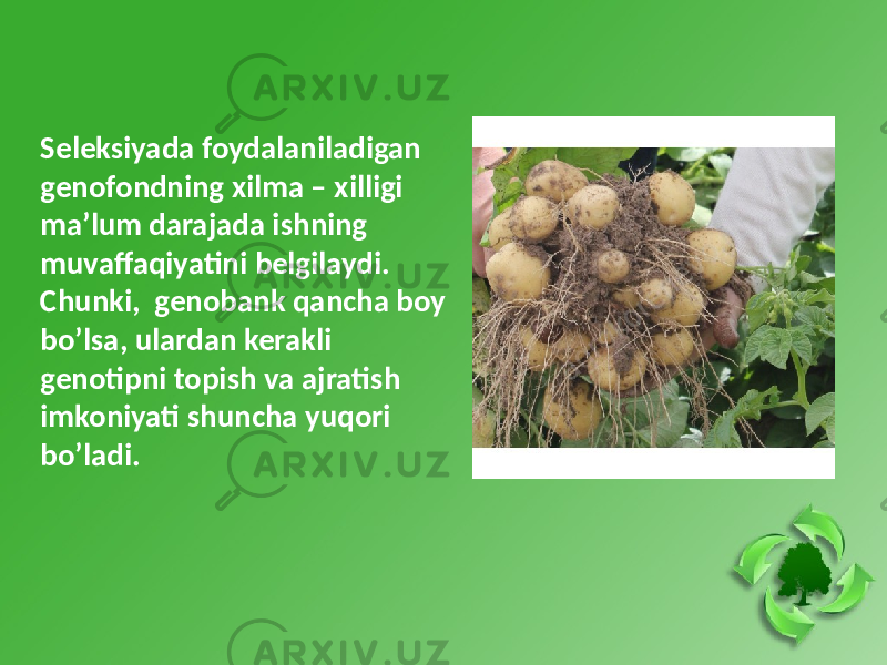 Seleksiyada foydalaniladigan genofondning xilma – xilligi ma’lum darajada ishning muvaffaqiyatini belgilaydi. Chunki, genobank qancha boy bo’lsa, ulardan kerakli genotipni topish va ajratish imkoniyati shuncha yuqori bo’ladi. 