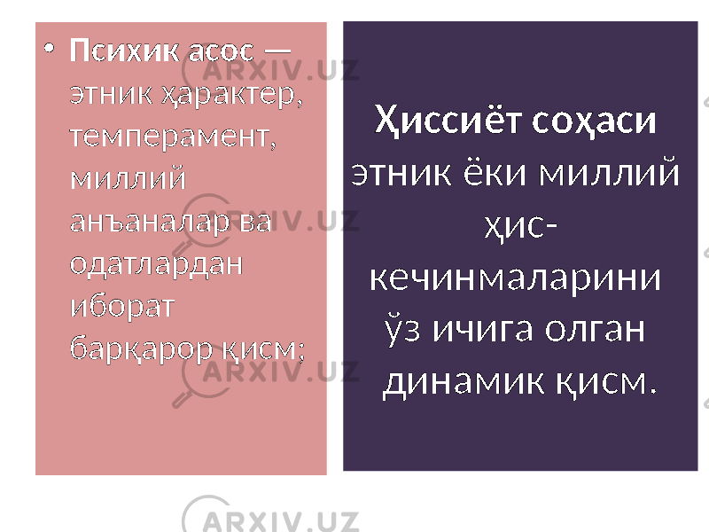 Ҳиссиёт соҳаси этник ёки миллий ҳис- кечинмаларини ўз ичига олган динамик қисм.• Психик асос — этник ҳарактер, темперамент, миллий анъаналар ва одатлардан иборат барқарор қисм; 