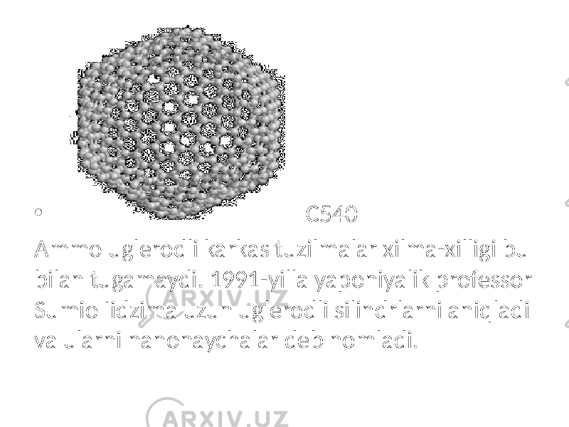 • C540 Ammo uglerodli karkas tuzilmalar xilma-xilligi bu bilan tugamaydi. 1991-yilla yaponiyalik professor Sumio Iidzima uzun uglerodli silindrlarni aniqladi va ularni nanonaychalar deb nomladi. 