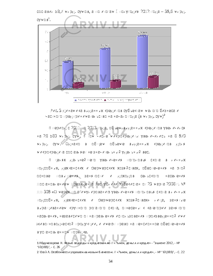 составил 59,7 млрд . сумов , а по итогам I полугодия 2012 года – 38,6 млрд . сумов 1 . Рис . 3 Динамика выданных кредитов субъектам малого бизнеса и частного предпринимательство на начало года ( в млрд . сум ) 2 В период с 2011 по 2013 года , объем выданных кредитов увеличился на 26 560 млрд . сум . В том числе микрокредиты увеличились на 6 870 млрд . сум . Однако в общем объеме выданных кредитов доля микрокредита составляет не значительный удельный вес . В целях дальнейшего увеличения поголовья скота в личных подсобных , дехканских и фермерских хозяйствах , обеспечения на этой основе повышения занятости и доходов сельского населения Постановлением Президента Республики Узбекистан от 23 марта 2006 г . № ПП -308 « О мерах по стимулированию увеличения поголовья скота в личных подсобных , дехканских и фермерских хозяйствах » лица , занятые выращиванием крупного рогатого скота , отнесены к категории занятого населения , независимо от направления использования произведенной ими животноводческой продукции , и имеют право на пенсионное обеспечения в установленном порядке . 1 Абдуназарова Н . Новые подходы к кредитованию // « Рынок , деньги и кредит » - Ташкент 2012, - № ‘10(185)’, - С . 26 2 Югай А . Особенности управления малым бизнесом . // « Рынок , деньги и кредит », - № ‘10(185)’, - С . 22 34 