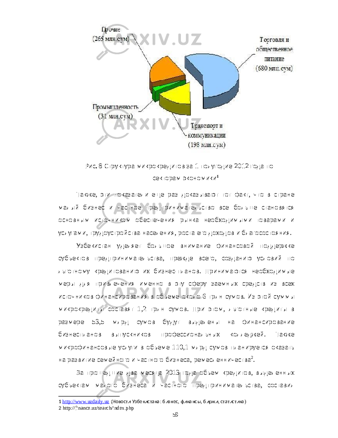 Рис . 8 Структура микрокредитов за 1 полугодие 2012 года по секторам экономики 1 Также , эти показатели еще раз доказывают тот факт , что в стране малый бизнес и частное предпринимательство все больше становятся основным источником обеспечения рынка необходимыми товарами и услугами , трудоустройства населения , роста его доходов и благосостояния . Узбекистан уделяет большое внимание финансовой поддержке субъектов предпринимательства , прежде всего , созданию условий по льготному кредитованию их бизнес - планов . Принимаются необходимые меры для привлечения именно в эту сферу заемных средств из всех источников финансирования в объеме около 6 трлн сумов . Из этой суммы микрокредиты составят 1,2 трлн сумов . При этом , льготные кредиты в размере 53,5 млрд сумов будут выделены на финансирование бизнеспланов выпускников профессиональных колледжей . Также микрофинансовые услуги в объеме 110,1 млрд сумов планируется оказать на развитие семейного и частного бизнеса , ремесленничества 2 . За прошедшие два месяца 2013 года объем кредитов , выделенных субъектам малого бизнеса и частного предпринимательства , составил 1 http://www.uzdaily.uz ( Новости Узбекистана : бизнес , финансы , биржи , статистика ) 2 http://finance.uz/search/index.php 59 