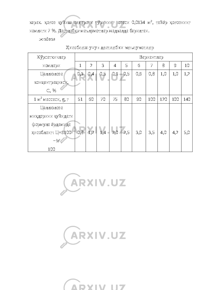 керак. қоғоз қуйиш аппарати тўрининг юзаси 0,0134 м 2 , тайёр қоғознинг намлиги 7 %. Дастлабки маълумотлар жадвалда берилган. жадвал Ҳисоблаш учун дастлабки маълумотлар Кўрсаткичлар номлари Вариантлар 1 2 3 4 5 6 7 8 9 10 Целлюлоза концентрацияси, С, % 0,3 0,4 0,5 0,6 0,5 0,6 0,8 1,0 1,0 1,2 1 м 2 массаси, g, г 51 60 70 75 80 90 100 120 100 140 Целлюлоза миқдорини қуйидаги формула ёрдамида ҳисобланг: Ц=S100 − W , 100 0,8 1,2 1,4 2,0 2,5 3,0 3,5 4,0 4,2 5,0 