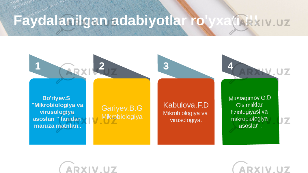 Bo&#39;riyev.S &#34;Mikrobiologiya va virusologiya asoslari &#34; fanidan maruza matnlari.. 1 Gariyev.B.G Mikrobiologiya2 Kabulova.F.D Mikrobiologiya va virusologiya.3M ustaqim o v.G .D O &#39;sim liklar fizio log iya si va m ikrob io log iya asoslari . 4Faydalanilgan adabiyotlar ro&#39;yxati !!! 