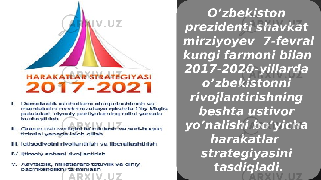 O’zbekiston prezidenti shavkat mirziyoyev 7-fevral kungi farmoni bilan 2017-2020-yillarda o’zbekistonni rivojlantirishning beshta ustivor yo’nalishi bo’yicha harakatlar strategiyasini tasdiqladi.1917041A 34 15 1C 23 08 090E0308 1A 1108 22 0F 0D 