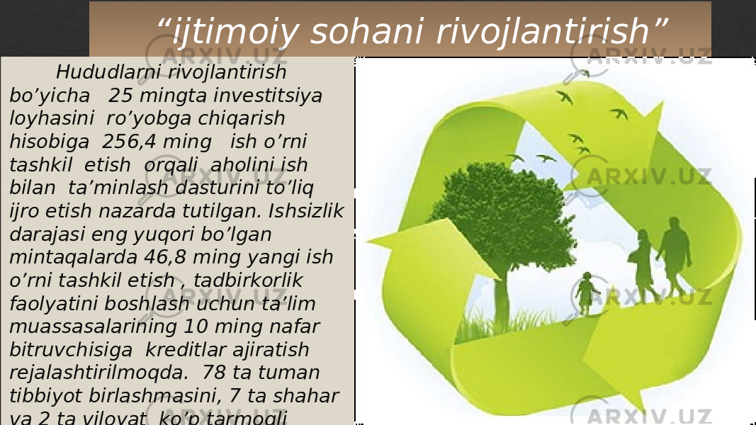  “ ijtimoiy sohani rivojlantirish” Hududlarni rivojlantirish bo’yicha 25 mingta investitsiya loyhasini ro’yobga chiqarish hisobiga 256,4 ming ish o’rni tashkil etish orqali aholini ish bilan ta’minlash dasturini to’liq ijro etish nazarda tutilgan. Ishsizlik darajasi eng yuqori bo’lgan mintaqalarda 46,8 ming yangi ish o’rni tashkil etish , tadbirkorlik faolyatini boshlash uchun ta’lim muassasalarining 10 ming nafar bitruvchisiga kreditlar ajiratish rejalashtirilmoqda. 78 ta tuman tibbiyot birlashmasini, 7 ta shahar va 2 ta viloyat ko’p tarmoqli tibbiyot markazini qayta qurish, tez tibbiy xizmatni 1200 ta maxsus avtotransport bilan ta’minlash rejalashtirilmoqda.05 2A 09 05 38 0D 15020C1A130A 1A 08130A 0D 091E040205100809 0B 18 02 1C 18 0D 04 08090D 1D13052C050813051D0915 08090D 081003 18 08131618 