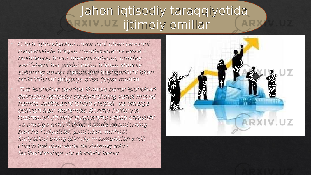  O’tish iqtisodiyotini bozor islohotlari jarayoni rivojlanishda bólgan mamlakatlarda avval boshdanoq bozor mexanizmlarini, bunday vazifalarni hal qilidhi lozim bòlgan ijtimoiy sohaning davlat tomonidan boshqarilishi bilan biriktirilishini mòljalga olish ģoyat muhim.  Tub islohotlar davrida ijtimoiy bozor islohotlari doirasida iqtisodiy rivojlanishning yangi metod hamda vositalarini ishlab chiqish va amalga oshirish ham muhimdir. Barcha hokimyat tuzilmalari ijtimoiy siyosatning ishlab chiqilishi va amalga oshirilishida hamda odamlarning barcha faolyatlari, jumladan, mehnat faolyatlari uning ijtimoiy mazmunidan kelib chiqib baholanishida davlatning rolini faollashtirishga yònaltirilishi kerak Jahon iqtisodiy taraqqiyotida ijtimoiy omillar01 21 04 0D 1D 0A 0D 01 05 25 0B 1A 02 08 1D 0D 1C 19 1C 