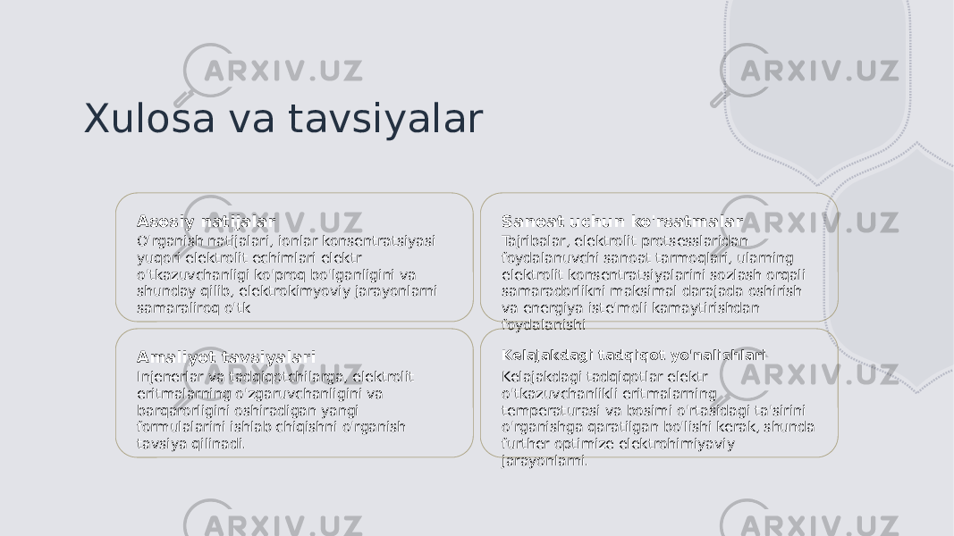 Xulosa va tavsiyalar Asosiy natijalar O&#39;rganish natijalari, ionlar konsentratsiyasi yuqori elektrolit echimlari elektr o&#39;tkazuvchanligi ko&#39;proq bo&#39;lganligini va shunday qilib, elektrokimyoviy jarayonlarni samaraliroq o&#39;tk Sanoat uchun ko&#39;rsatmalar Tajribalar, elektrolit protsesslaridan foydalanuvchi sanoat tarmoqlari, ularning elektrolit konsentratsiyalarini sozlash orqali samaradorlikni maksimal darajada oshirish va energiya iste&#39;moli kamaytirishdan foydalanishi Amaliyot tavsiyalari Injenerlar va tadqiqotchilarga, elektrolit eritmalarning o&#39;zgaruvchanligini va barqarorligini oshiradigan yangi formulalarini ishlab chiqishni o&#39;rganish tavsiya qilinadi. Kelajakdagi tadqiqot yo&#39;nalishlari Kelajakdagi tadqiqotlar elektr o&#39;tkazuvchanlikli eritmalarning temperaturasi va bosimi o&#39;rtasidagi ta&#39;sirini o&#39;rganishga qaratilgan bo&#39;lishi kerak, shunda further optimize elektrohimiyaviy jarayonlarni. 