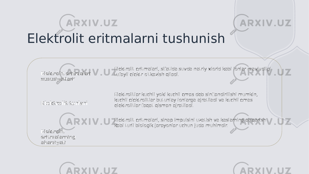 Elektrolit eritmalarni tushunish Elektrolit eritmalari xususiyatlari Elektrolit turlari Elektrolit eritmalarning ahamiyati Elektrolit eritmalari, sifatida suvda natriy xlorid kabi ionlar mavjudligi tufayli elektr o&#39;tkazish qiladi. Elektrolitlar kuchli yoki kuchli emas deb sinflandirilishi mumkin, kuchli elektrolitlar butunlay ionlarga ajratiladi va kuchli emas elektrolitlar faqat qisman ajratiladi. Elektrolit eritmalari, sinap impulsini uzatish va kaslarning qisqarish kabi turli biologik jarayonlar uchun juda muhimdir. 