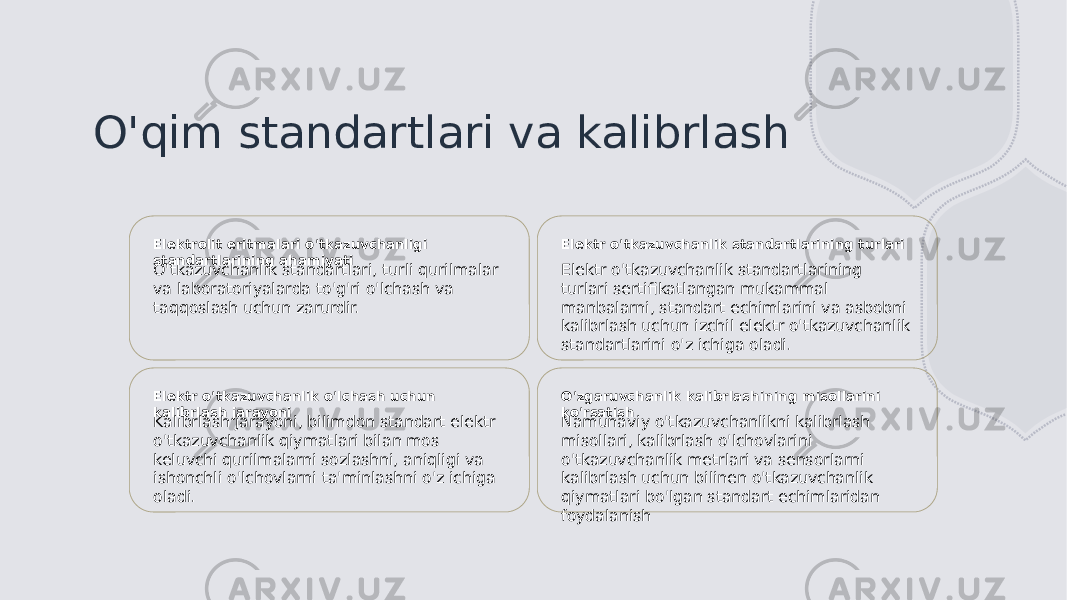 O&#39;qim standartlari va kalibrlash Elektrolit eritmalari o&#39;tkazuvchanligi standartlarining ahamiyati O&#39;tkazuvchanlik standartlari, turli qurilmalar va laboratoriyalarda to&#39;g&#39;ri o&#39;lchash va taqqoslash uchun zarurdir. Elektr o&#39;tkazuvchanlik standartlarining turlari Elektr o&#39;tkazuvchanlik standartlarining turlari sertifikatlangan mukammal manbalarni, standart echimlarini va asbobni kalibrlash uchun izchil elektr o&#39;tkazuvchanlik standartlarini o&#39;z ichiga oladi. Elektr o&#39;tkazuvchanlik o&#39;lchash uchun kalibrlash jarayoni Kalibrlash jarayoni, bilimdon standart elektr o&#39;tkazuvchanlik qiymatlari bilan mos keluvchi qurilmalarni sozlashni, aniqligi va ishonchli o&#39;lchovlarni ta&#39;minlashni o&#39;z ichiga oladi. O&#39;zgaruvchanlik kalibrlashining misollarini ko&#39;rsatish Namunaviy o&#39;tkazuvchanlikni kalibrlash misollari, kalibrlash o&#39;lchovlarini o&#39;tkazuvchanlik metrlari va sensorlarni kalibrlash uchun bilinen o&#39;tkazuvchanlik qiymatlari bo&#39;lgan standart echimlaridan foydalanish 