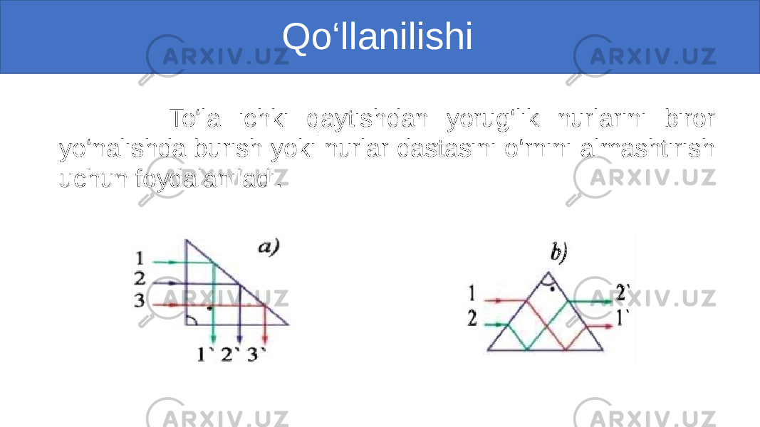  Qo‘llanilishi To‘la ichki qaytishdan yorug‘lik nurlarini biror yo‘nalishda burish yoki nurlar dastasini o‘rnini almashtirish uchun foydalaniladi. 