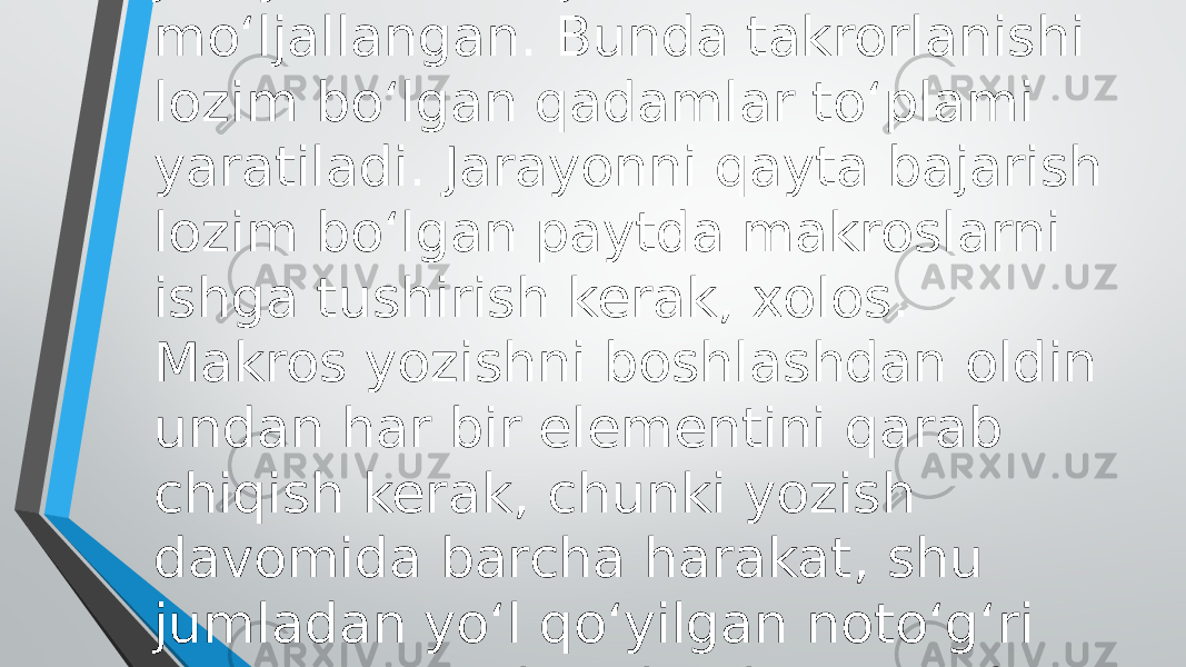 Ko‘pchilik makroslar bir necha qadamdan tashkil topgan jarayonlarni bajarish uchun mo‘ljallangan. Bunda takrorlanishi lozim bo‘lgan qadamlar to‘plami yaratiladi. Jarayonni qayta bajarish lozim bo‘lgan paytda makroslarni ishga tushirish kerak, xolos. Makros yozishni boshlashdan oldin undan har bir elementini qarab chiqish kerak, chunki yozish davomida barcha harakat, shu jumladan yo‘l qo‘yilgan noto‘g‘ri va xato xatti-harakat ham yozib olinadi. 