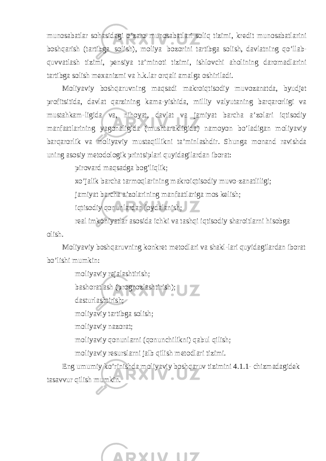 munosabatlar sohasidagi o’zaro munosabatlari soliq tizimi, kredit munosabatlarini boshqarish (tartibga solish), moliya bozorini tartibga solish, davlatning qo’llab- quvvatlash tizimi, pensiya ta’minoti tizimi, ishlovchi aholining daromadlarini tartibga solish mexanizmi va h.k.lar orqali amalga oshiriladi. Moliyaviy boshqaruvning maqsadi makroiqtisodiy muvozanatda, byudjet profitsitida, davlat qarzining kama-yishida, milliy valyutaning barqarorligi va mustahkam-ligida va, nihoyat, davlat va jamiyat barcha a’zolari iqtisodiy manfaatlarining yagonaligida (mushtarakligida) namoyon bo’ladigan moliyaviy barqarorlik va moliyaviy mustaqillikni ta’minlashdir. Shunga monand ravishda uning asosiy metodologik printsiplari quyidagilardan iborat:  pirovard maqsadga bog’liqlik;  xo’jalik barcha tarmoqlarining makroiqtisodiy muvo-zanatliligi;  jamiyat barcha a’zolarining manfaatlariga mos kelish;  iqtisodiy qonunlardan foydalanish;  real imkoniyatlar asosida ichki va tashqi iqtisodiy sharoitlarni hisobga olish. Moliyaviy boshqaruvning konkret metodlari va shakl-lari quyidagilardan iborat bo’lishi mumkin:  moliyaviy rejalashtirish;  bashoratlash (prognozlashtirish);  dasturlashtirish;  moliyaviy tartibga solish;  moliyaviy nazorat;  moliyaviy qonunlarni (qonunchilikni) qabul qilish;  moliyaviy resurslarni jalb qilish metodlari tizimi. Eng umumiy ko’rinishda moliyaviy boshqaruv tizimini 4.1.1- chizmadagidek tasavvur qilish mumkin. 