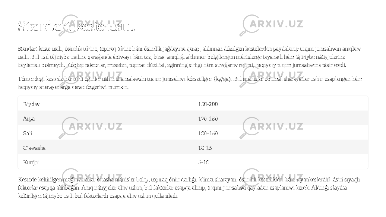 Standart keste usılı. Standart keste usılı, ósimlik túrine, topıraq túrine hám ósimlik jaǵdayına qarap, aldınnan dúzilgen kestelerden paydalanıp tuqım jumsalıwın anıqlaw usılı. Bul usıl tájiriybe usılına qaraǵanda ápiwayı hám tez, biraq anıqlıǵı aldınnan belgilengen mánislerge tayanadı hám tájiriybe nátiyjelerine baylanıslı bolmaydı. Kóplep faktorlar, meselen, topıraq dúzilisi, eginning sırlıǵı hám suwģarıw rejimi, haqıyqıy tuqım jumsalıwına tásir etedi. Tómendegi kestede hár túrli eginler ushın shamalawshı tuqım jumsalıwı kórsetilgen (kg/ga). Bul mánisler optimal sharayatlar ushin esaplangan hám haqıyqıy sharayatlarǵa qarap ózgeriwi múmkin. Biyday 150-200 Arpa 120-180 Sali 100-150 G&#39;awasha 10-15 Kunjut 5-10 Kestede keltirilgen maǵlıwmatlar ortasha mánisler bolıp, topıraq ónimdarlıǵı, klimat sharayatı, ósimlik kesellikleri hám zıyankeslerdiń tásiri sıyaqlı faktorlar esapqa alınbaǵan. Anıq nátiyjeler alıw ushın, bul faktorlar esapqa alınıp, tuqım jumsalıwı qaytadan esaplanıwı kerek. Aldınǵı slaydta keltirilgen tájiriybe usılı bul faktorlardı esapqa alıw ushın qollanıladı. 