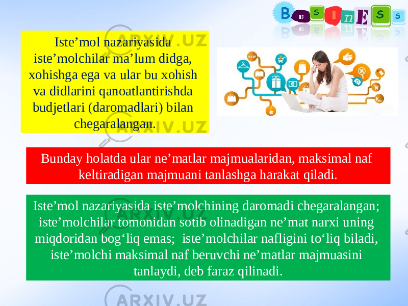 Iste’mol nazariyasida iste’molchilar ma’lum didga, xohishga ega va ular bu xohish va didlarini qanoatlantirishda budjetlari (daromadlari) bilan chegaralangan. Iste’mol nazariyasida iste’molchining daromadi chegaralangan; iste’molchilar tomonidan sotib olinadigan ne’mat narxi uning miqdoridan bog‘liq emas; iste’molchilar nafligini to‘liq biladi, iste’molchi maksimal naf beruvchi ne’matlar majmuasini tanlaydi, deb faraz qilinadi.Bunday holatda ular ne’matlar majmualaridan, maksimal naf keltiradigan majmuani tanlashga harakat qiladi. 