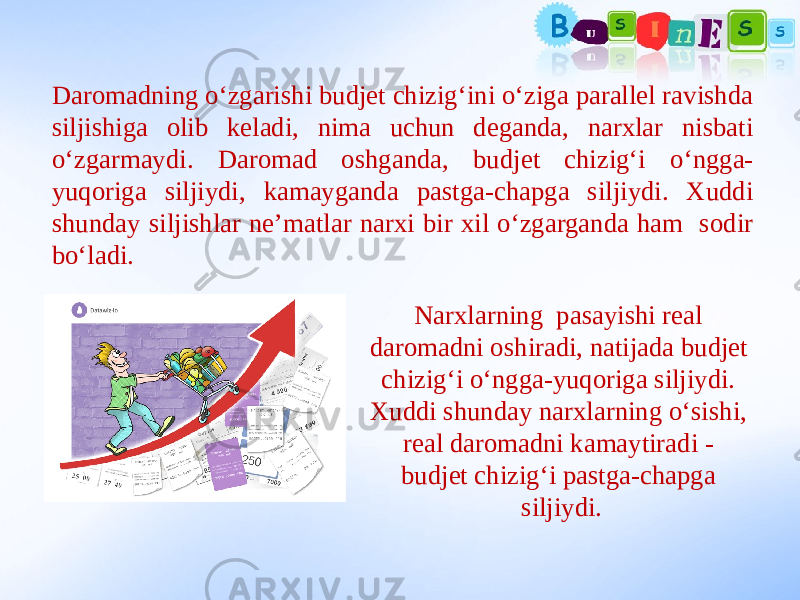 Daromadning o‘zgarishi budjet chizig‘ini o‘ziga parallel ravishda siljishiga olib keladi, nima uchun deganda, narxlar nisbati o‘zgarmaydi. Daromad oshganda, budjet chizig‘i o‘ngga- yuqoriga siljiydi, kamayganda pastga-chapga siljiydi. Xuddi shunday siljishlar ne’matlar narxi bir xil o‘zgarganda ham sodir bo‘ladi. Narxlarning pasayishi real daromadni oshiradi, natijada budjet chizig‘i o‘ngga-yuqoriga siljiydi. Xuddi shunday narxlarning o‘sishi, real daromadni kamaytiradi - budjet chizig‘i pastga-chapga siljiydi. 