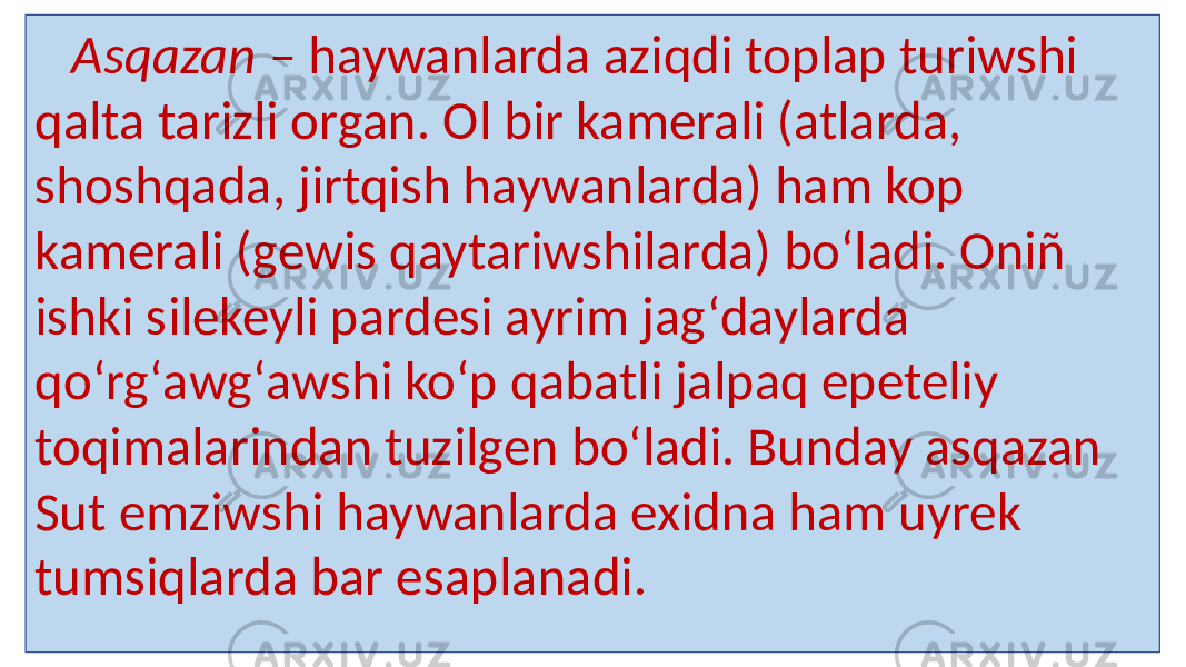  Asqazan – haywanlarda aziqdi toplap turiwshi qalta tarizli organ. Ol bir kamerali (atlarda, shoshqada, jirtqish haywanlarda) ham kop kamerali (gewis qaytariwshilarda) boʻladi. Oniñ ishki silekeyli pardesi ayrim jagʻdaylarda qoʻrgʻawgʻawshi koʻp qabatli jalpaq epeteliy toqimalarindan tuzilgen boʻladi. Bunday asqazan Sut emziwshi haywanlarda exidna ham uyrek tumsiqlarda bar esaplanadi. 