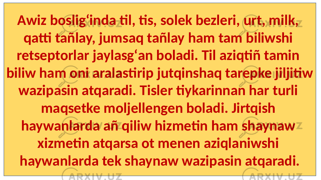 Awiz bosligʻinda til, tis, solek bezleri, urt, milk, qatti tañlay, jumsaq tañlay ham tam biliwshi retseptorlar jaylasgʻan boladi. Til aziqtiñ tamin biliw ham oni aralastirip jutqinshaq tarepke jiljitiw wazipasin atqaradi. Tisler tiykarinnan har turli maqsetke moljellengen boladi. Jirtqish haywanlarda añ qiliw hizmetin ham shaynaw xizmetin atqarsa ot menen aziqlaniwshi haywanlarda tek shaynaw wazipasin atqaradi. 