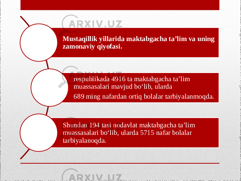 Mustaqillik yillarida maktabgacha ta’lim va uning zamonaviy qiyofasi. respublikada 4916 ta maktabgacha ta’lim muassasalari mavjud bo‘lib, ularda 689 ming nafardan ortiq bolalar tarbiyalanmoqda. Shundan 194 tasi nodavlat maktabgacha ta’lim muassasalari bo‘lib, ularda 5715 nafar bolalar tarbiyalanoqda. 