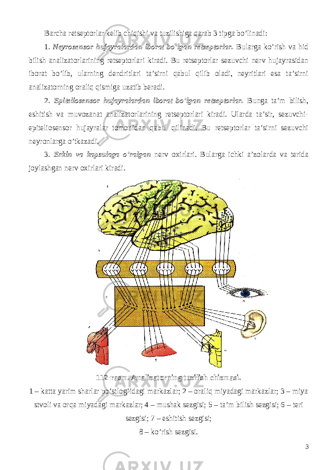 Barcha retseptorlar kelib chiqishi va tuzilishiga qarab 3 tipga bo’linadi: 1. Neyrosensor hujayralardan iborat bo’lgan retseptorlar. Bularga ko’rish va hid bilish analizatorlarining retseptorlari kiradi. Bu retseptorlar sezuvchi nerv hujayrasidan iborat bo’lib, ularning dendritlari ta’sirni qabul qilib oladi, neyritlari esa ta’sirni analizatorning oraliq qismiga uzatib beradi. 2. Epiteliosensor hujayralardan iborat bo’lgan retseptorlar. Bunga ta’m bilish, eshitish va muvozanat analizatorlarining retseptorlari kiradi. Ularda ta’sir, sezuvchi- epiteliosensor hujayralar tomonidan qabul qilinadi. Bu retseptorlar ta’sirni sezuvchi neyronlarga o’tkazadi. 3. Erkin va kapsulaga o’ralgan nerv oxirlari. Bularga ichki a’zolarda va terida joylashgan nerv oxirlari kiradi. 112-rasm. Analizatorning tuzilish chizmasi. 1 – katta yarim sharlar po’stlog’idagi markazlar; 2 – oraliq miyadagi markazlar; 3 – miya stvoli va orqa miyadagi markazlar; 4 – mushak sezgisi; 5 – ta’m bilish sezgisi; 6 – teri sezgisi; 7 – eshitish sezgisi; 8 – ko’rish sezgisi. 3 