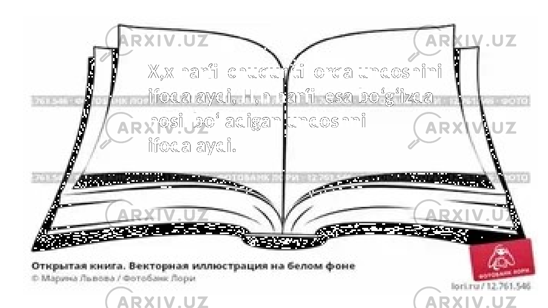 X,x harfi chuqur til orqa undoshini ifodalaydi, H,h harfi esa bo‘g‘izda hosil bo‘ladigan undoshni ifodalaydi. 