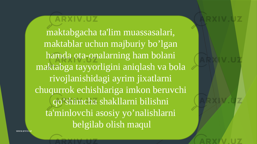 maktabgacha ta&#39;lim muassasalari, maktablar uchun majburiy bo’lgan hamda ota-onalarning ham bolani maktabga tayyorligini aniqlash va bola rivojlanishidagi ayrim jixatlarni chuqurrok еchishlariga imkon bеruvchi qo’shimcha shakllarni bilishni ta&#39;minlovchi asosiy yo’nalishlarni bеlgilab olish maqul www.arxiv.uz 