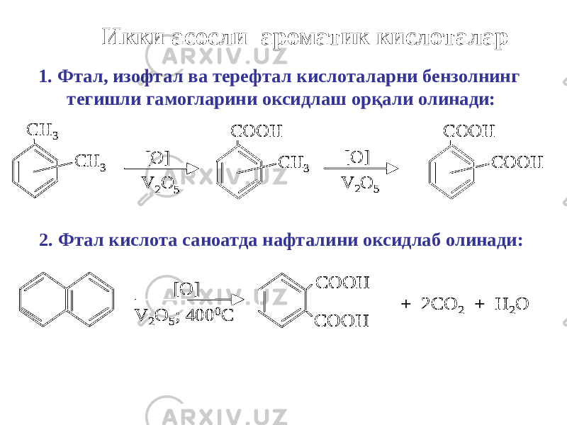 Икки асосли ароматик кислоталар 1. Фтал, изофтал ва терефтал кислоталарни бензолнинг тегишли гамогларини оксидлаш орқали олинади: CH 3 [O] CH 3 V 2O 5 COOH CH 3 [O] V 2O 5 COOH COOH CH 3 [O] CH 3 V 2O 5 COOH CH 3 COOH CH 3 [O] V 2O 5 COOH COOH COOH COOH 2. Фтал кислота саноатда нафталини оксидлаб олинади: [O] V 2O 5; 400 0C COOH COOH + 2CO 2 + H 2O [O] V 2O 5; 400 0C COOH COOH COOH COOH + 2CO 2 + H 2O 