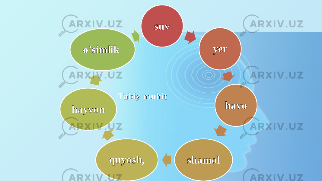 suv yer havo shamolquyosh ,hayvon o’simlik  Tabiy muhit 