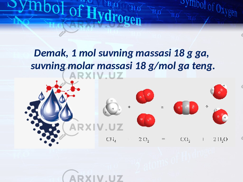 Demak, 1 mol suvning massasi 18 g ga, suvning molar massasi 18 g/mol ga teng. 