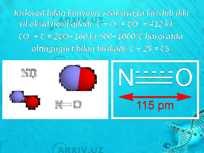 Kislorod bilan kimyoviy reaksiyaga kirishib ikki xil oksid hosil qiladi: C + O 2 = CO 2 + 412 kJ; CO 2 + C = 2CO–160 kJ 900–1000°C haroratda oltingugurt bilan birikadi: C + 2S = CS 2 