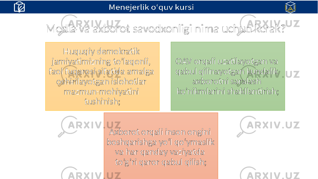 Media va axborot savodxonligi nima uchun kerak? Huquqiy demokratik jamiyatimizning to’laqonli, faol fuqarosi sifatida amalga oshirilayotgan islohotlar mazmun-mohiyatini tushinish; OAV orqali uzatilayotgan va qabul qilinayotgan kundalik axborotni saralash ko’nikmlarini shakllantirish; Axborot orqali inson ongini boshqarishga yo‘l qo‘ymaslik va har qanday vaziyatda to’g’ri qaror qabul qilish; 