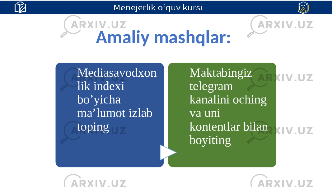 Amaliy mashqlar: Mediasavodxon lik indexi bo’yicha ma’lumot izlab toping Maktabingiz telegram kanalini oching va uni kontentlar bilan boyiting 