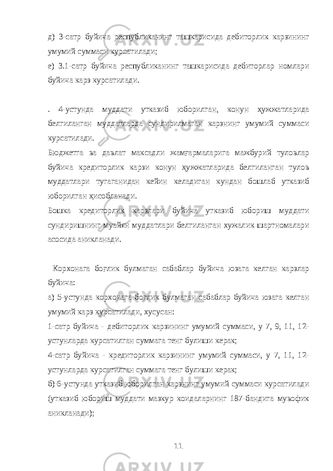 д) 3-сатр буйича республиканинг ташкарисида дебиторлик карзининг умумий суммаси курсатилади; е) 3.1-сатр буйича республиканинг ташкарисида дебиторлар номлари буйича карз курсатилади. . 4-устунда муддати утказиб юборилган, конун ҳужжатларида белгиланган муддатларда сундирилмаган карзнинг умумий суммаси курсатилади. Бюджетга ва давлат максадли жамғармаларига мажбурий туловлар буйича кредиторлик карзи конун ҳужжатларида белгиланган тулов муддатлари тугаганидан кейин келадиган кундан бошлаб утказиб юборилган ҳисобланади. Бошка кредиторлик карзлари буйича утказиб юбориш муддати сундиришнинг муайян муддатлари белгиланган хужалик шартномалари асосида аникланади. Корхонага боғлик булмаган сабаблар буйича юзага келган карзлар буйича: а) 5-устунда корхонага боғлик булмаган сабаблар буйича юзага келган умумий карз курсатилади, хусусан: 1-сатр буйича - дебиторлик карзининг умумий суммаси, у 7, 9, 11, 12- устунларда курсатилган суммага тенг булиши керак; 4-сатр буйича - кредиторлик карзининг умумий суммаси, у 7, 11, 12- устунларда курсатилган суммага тенг булиши керак; б) 6-устунда утказиб юборилган карзнинг умумий суммаси курсатилади (утказиб юбориш муддати мазкур коидаларнинг 187-бандига мувофик аникланади); 11 