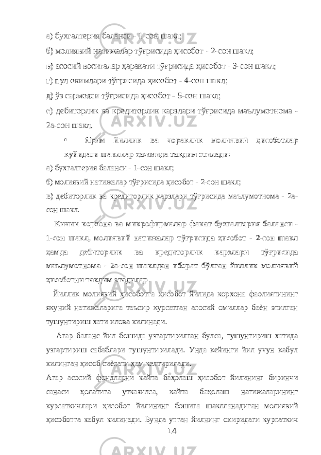 а) бухгалтерия баланси - 1-сон шакл; б) молиявий натижалар тўғрисида ҳисобот - 2-сон шакл; в) асосий воситалар ҳаракати тўғрисида ҳисобот - 3-сон шакл; г) пул окимлари тўғрисида ҳисобот - 4-сон шакл; д) ўз сармояси тўғрисида ҳисобот - 5-сон шакл; е) дебиторлик ва кредиторлик карзлари тўғрисида маълумотнома - 2а-сон шакл.  Ярим йиллик ва чораклик молиявий ҳисоботлар куйидаги шакллар ҳажмида такдим этилади: а) бухгалтерия баланси - 1-сон шакл; б) молиявий натижалар тўғрисида ҳисобот - 2-сон шакл; в) дебиторлик ва кредиторлик карзлари тўғрисида маълумотнома - 2а- сон шакл. Кичик корхона ва микрофирмалар факат бухгалтерия баланси - 1-сон шакл, молиявий натижалар тўғрисида ҳисобот - 2-сон шакл ҳамда дебиторлик ва кредиторлик карзлари тўғрисида маълумотнома - 2а-сон шаклдан иборат бўлган йиллик молиявий ҳисоботни такдим этадилар. Йиллик молиявий ҳисоботга ҳисобот йилида корхона фаолиятининг якуний натижаларига таъсир курсатган асосий омиллар баён этилган тушунтириш хати илова килинади. Агар баланс йил бошида узгартирилган булса, тушунтириш хатида узгартириш сабаблари тушунтирилади. Унда кейинги йил учун кабул килинган ҳисоб сиёсати ҳам келтирилади. Агар асосий фондларни кайта баҳолаш ҳисобот йилининг биринчи санаси ҳолатига утказилса, кайта баҳолаш натижаларининг курсаткичлари ҳисобот йилининг бошига шаклланадиган молиявий ҳисоботга кабул килинади. Бунда утган йилнинг охиридаги курсаткич 14 