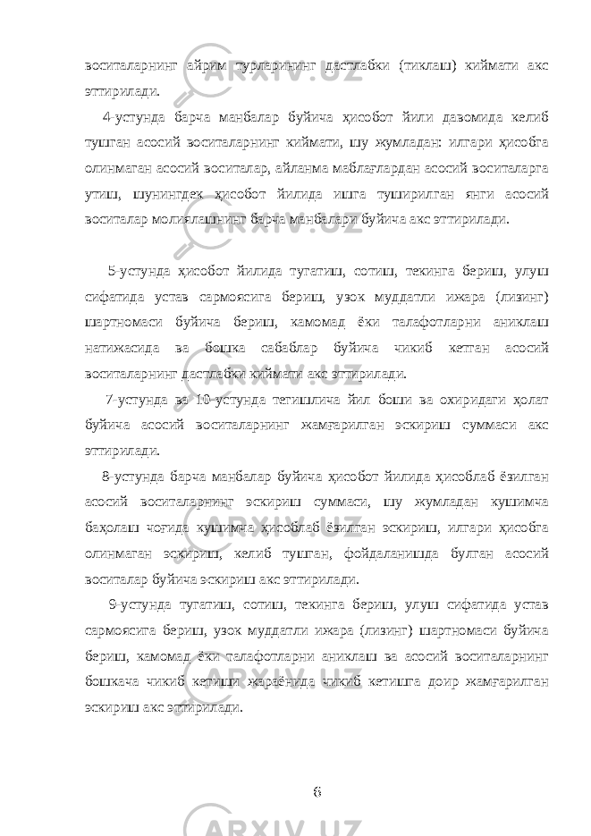 воситаларнинг айрим турларининг дастлабки (тиклаш) киймати акс эттирилади. 4-устунда барча манбалар буйича ҳисобот йили давомида келиб тушган асосий воситаларнинг киймати, шу жумладан: илгари ҳисобга олинмаган асосий воситалар, айланма маблағлардан асосий воситаларга утиш, шунингдек ҳисобот йилида ишга туширилган янги асосий воситалар молиялашнинг барча манбалари буйича акс эттирилади. 5-устунда ҳисобот йилида тугатиш, сотиш, текинга бериш, улуш сифатида устав сармоясига бериш, узок муддатли ижара (лизинг) шартномаси буйича бериш, камомад ёки талафотларни аниклаш натижасида ва бошка сабаблар буйича чикиб кетган асосий воситаларнинг дастлабки киймати акс эттирилади. 7-устунда ва 10-устунда тегишлича йил боши ва охиридаги ҳолат буйича асосий воситаларнинг жамғарилган эскириш суммаси акс эттирилади. 8-устунда барча манбалар буйича ҳисобот йилида ҳисоблаб ёзилган асосий воситаларнинг эскириш суммаси, шу жумладан кушимча баҳолаш чоғида кушимча ҳисоблаб ёзилган эскириш, илгари ҳисобга олинмаган эскириш, келиб тушган, фойдаланишда булган асосий воситалар буйича эскириш акс эттирилади. 9-устунда тугатиш, сотиш, текинга бериш, улуш сифатида устав сармоясига бериш, узок муддатли ижара (лизинг) шартномаси буйича бериш, камомад ёки талафотларни аниклаш ва асосий воситаларнинг бошкача чикиб кетиши жараёнида чикиб кетишга доир жамғарилган эскириш акс эттирилади. 6 