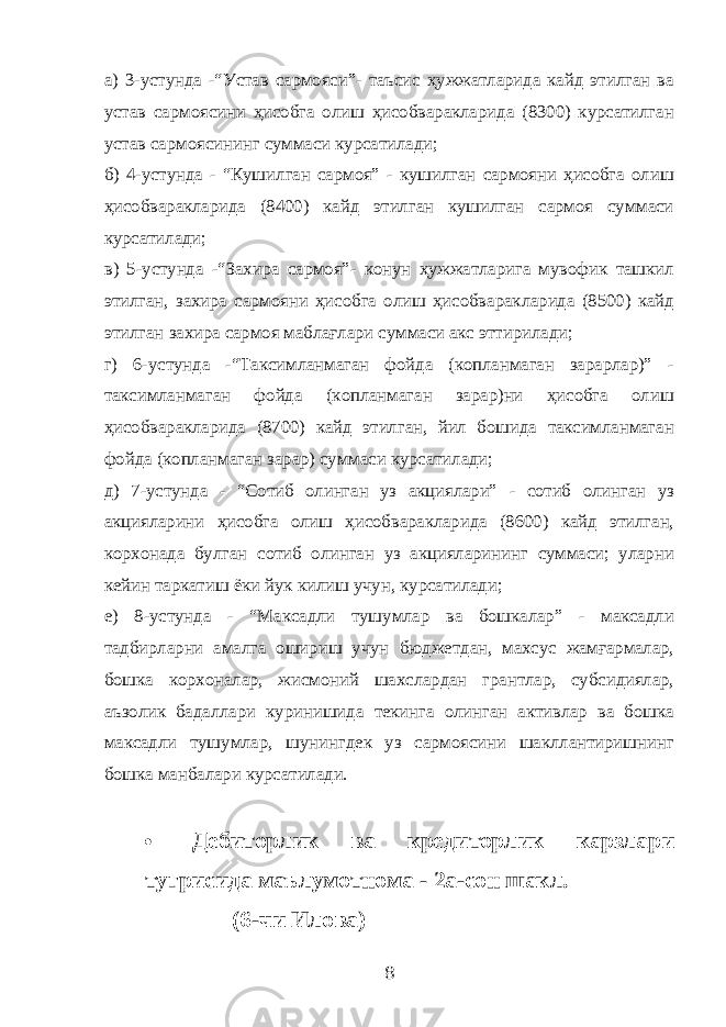 а) 3-устунда -“Устав сармояси”- таъсис ҳужжатларида кайд этилган ва устав сармоясини ҳисобга олиш ҳисобваракларида (8300) курсатилган устав сармоясининг суммаси курсатилади; б) 4-устунда - “Кушилган сармоя” - кушилган сармояни ҳисобга олиш ҳисобваракларида (8400) кайд этилган кушилган сармоя суммаси курсатилади; в) 5-устунда -“Захира сармоя”- конун ҳужжатларига мувофик ташкил этилган, захира сармояни ҳисобга олиш ҳисобваракларида (8500) кайд этилган захира сармоя маблағлари суммаси акс эттирилади; г) 6-устунда -“Таксимланмаган фойда (копланмаган зарарлар)” - таксимланмаган фойда (копланмаган зарар)ни ҳисобга олиш ҳисобваракларида (8700) кайд этилган, йил бошида таксимланмаган фойда (копланмаган зарар) суммаси курсатилади; д) 7-устунда - “Сотиб олинган уз акциялари” - сотиб олинган уз акцияларини ҳисобга олиш ҳисобваракларида (8600) кайд этилган, корхонада булган сотиб олинган уз акцияларининг суммаси; уларни кейин таркатиш ёки йук килиш учун, курсатилади; е) 8-устунда - “Максадли тушумлар ва бошкалар” - максадли тадбирларни амалга ошириш учун бюджетдан, махсус жамғармалар, бошка корхоналар, жисмоний шахслардан грантлар, субсидиялар, аъзолик бадаллари куринишида текинга олинган активлар ва бошка максадли тушумлар, шунингдек уз сармоясини шакллантиришнинг бошка манбалари курсатилади.  Дебиторлик ва кредиторлик карзлари туғрисида маълумотнома - 2а-сон шакл. (6-чи Илова) 8 