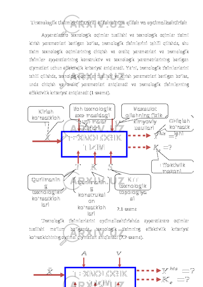 Texnologik tizimlarini tahlil qilish sintez qilish va optimallashtirish Apparatlaroro texnologik oqimlar tuzilishi va texnologik oqimlar tizimi kirish parametrlari berilgan bo’lsa, texnologik tizimlarini tahlil qilishda, shu tizim texnologik oqimlarining chiqish va oraliq parametrlari va texnologik tizimlar apparatlarining konstruktiv va texnologik parametrlarining berilgan qiymatlari uchun effektivlik kriteriysi aniqlanadi. Ya’ni, texnologik tizimlar larini tahlil qilishda, texnologik oqimlar tuzilishi va kirish parametrlari berilgan bo’lsa, unda chiqish va oraliq parametrlari aniqlanadi va texnologik tizimlar ning effektivlik kriteriysi aniqlanadi (1-sxema). 2.1-sxema Texnologik tizimlar larini optimallashtirishda apparatlararo oqimlar tuzilishi ma’lum bo’lganda, texnologik tizimning effektivlik kriteriysi ko’rsatkichining optimal qiymatlari aniqlanadi (2.2-sxema). TEXNOLOGIK TIZIM _ X ?  his Y K e ?  A V T K S Qurilmanin g texnologik ko‘rsatkich lari Qurilmanin g konstruksi on ko‘rsatkich lari KTT texnologik topologiya si Kirish ko‘rsatkich i I/ch texnologik sxe-masidagi quril-malar turlari Maxsulot olishning fizik- kimyoviy usullari Effektivlik mezoni CHiqish ko‘rsatk ichi TEXNOLOGIK TIZIM _ X ?  his Y ?  e K A V 