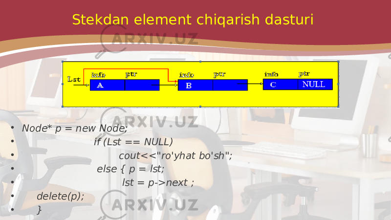 Stekdan element chiqarish dasturi • Node* p = new Node; • if (Lst == NULL) • cout<<&#34;ro&#39;yhat bo&#39;sh&#34;; • else { p = lst; • lst = p->next ; • delete(p); • } 