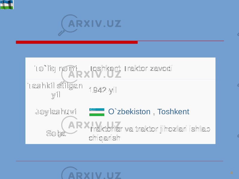 4To`liq nomi Toshkent Traktor zavodi Tashkil etilgan yil 1942-yil Joylashuvi           O`zbekiston  ,  Toshkent Soha Traktorlar va traktor jihozlari ishlab chiqarish 