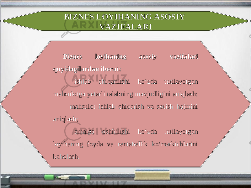 BIZNES LOYIHANING ASOSIY VAZIFALARI Biznes loyihaning asosiy vazifalari quyidagilardan iborat: – ishlab chiqarilishi ko‘zda tutilayotgan mahsulotga yetarli talabning mavjudligini aniqlash; – mahsulot ishlab chiqarish va sotish hajmini aniqlash; – amalga oshirilishi ko‘zda tutilayotgan loyihaning foyda va rentabellik ko‘rsatkichlarini baholash. 