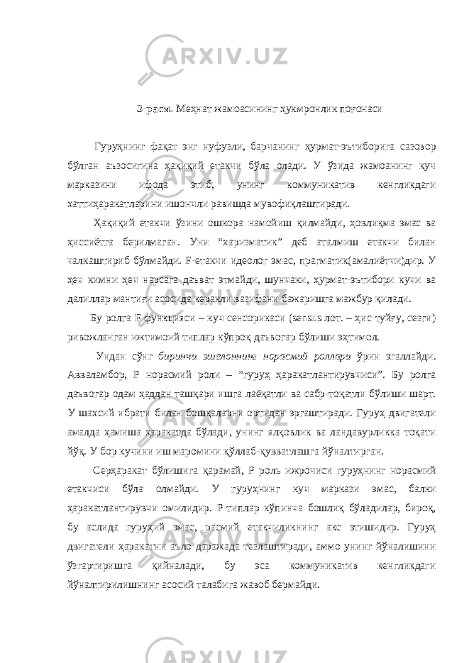  3-расм. Меҳнат жамоасининг ҳукмронлик поғонаси Гуруҳнинг фақат энг нуфузли, барчанинг ҳурмат-эътиборига сазовор бўлган аъзосигина ҳақиқий етакчи бўла олади. У ўзида жамоанинг куч марказини ифода этиб, унинг коммуникатив кенгликдаги хаттиҳаракатларини ишончли равишда мувофиқлаштиради. Ҳақиқий етакчи ўзини ошкора намойиш қилмайди, ҳовлиқма эмас ва ҳиссиётга берилмаган. Уни “харизматик” деб аталмиш етакчи билан чалкаштириб бўлмайди. F-етакчи идеолог эмас, прагматик(амалиётчи)дир. У ҳеч кимни ҳеч нарсага даъват этмайди, шунчаки, ҳурмат-эътибори кучи ва далиллар мантиғи асосида керакли вазифани бажаришга мажбур қилади. Бу ролга F функцияси – куч сенсорикаси (sensus лот. – ҳис-туйғу, сезги) ривожланган ижтимоий типлар кўпроқ даъвогар бўлиши эҳтимол. Ундан сўнг биринчи эшелоннинг норасмий роллари ўрин эгаллайди. Авваламбор, Р норасмий роли – “гуруҳ ҳаракатлантирувчиси”. Бу ролга даъвогар одам ҳаддан ташқари ишга лаёқатли ва сабр-тоқатли бўлиши шарт. У шахсий ибрати билан бошқаларни ортидан эргаштиради. Гуруҳ двигатели амалда ҳамиша ҳаракатда бўлади, унинг ялқовлик ва ландавурликка тоқати йўқ. У бор кучини иш маромини қўллаб-қувватлашга йўналтирган. Серҳаракат бўлишига қарамай, Р роль ижрочиси гуруҳнинг норасмий етакчиси бўла олмайди. У гуруҳнинг куч маркази эмас, балки ҳаракатлантирувчи омилидир. Р-типлар кўпинча бошлиқ бўладилар, бироқ, бу аслида гуруҳий эмас, расмий етакчиликнинг акс этишидир. Гуруҳ двигатели ҳаракатни аъло даражада тезлаштиради, аммо унинг йўналишини ўзгартиришга қийналади, бу эса коммуникатив кенгликдаги йўналтирилишнинг асосий талабига жавоб бермайди. 