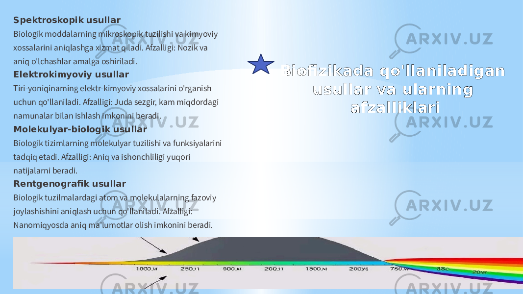 Biofizikada qo&#39;llaniladigan usullar va ularning afzalliklariSpektroskopik usullar Biologik moddalarning mikroskopik tuzilishi va kimyoviy xossalarini aniqlashga xizmat qiladi. Afzalligi: Nozik va aniq o&#39;lchashlar amalga oshiriladi. Elektrokimyoviy usullar Tiri-yoniqinaming elektr-kimyoviy xossalarini o&#39;rganish uchun qo&#39;llaniladi. Afzalligi: Juda sezgir, kam miqdordagi namunalar bilan ishlash imkonini beradi. Molekulyar-biologik usullar Biologik tizimlarning molekulyar tuzilishi va funksiyalarini tadqiq etadi. Afzalligi: Aniq va ishonchliligi yuqori natijalarni beradi. Rentgenografik usullar Biologik tuzilmalardagi atom va molekulalarning fazoviy joylashishini aniqlash uchun qo&#39;llaniladi. Afzalligi: Nanomiqyosda aniq ma&#39;lumotlar olish imkonini beradi. 