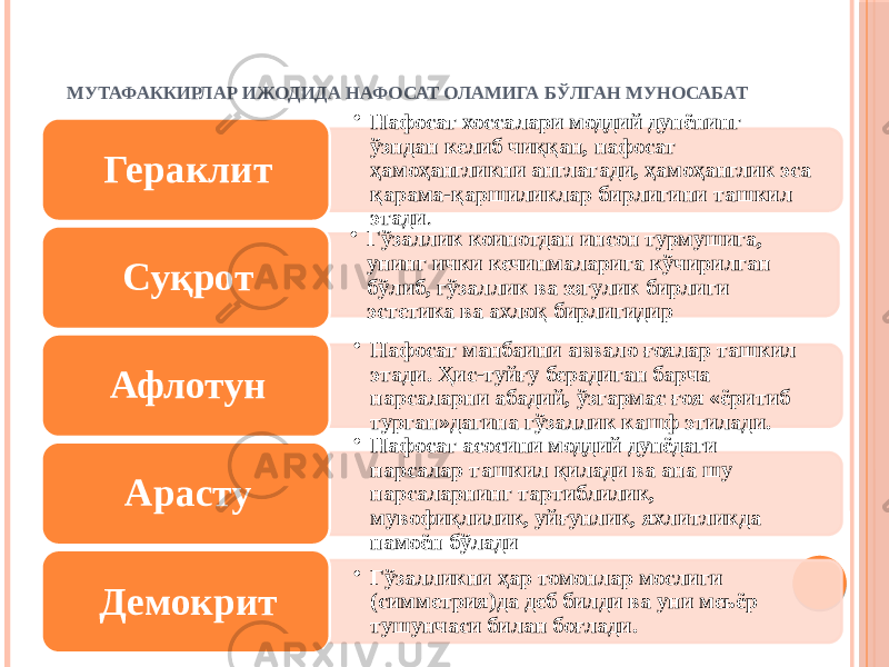   МУТАФАККИРЛАР ИЖОДИДА НАФОСАТ ОЛАМИГА БЎЛГАН МУНОСАБАТ • Нафосат хоссалари моддий дунёнинг ўзндан келиб чиққан, нафосат ҳамоҳангликни англатади, ҳамоҳанглик эса қарама-қаршиликлар бирлигини ташкил этади .Гераклит • Гўзаллик коинотдан инсон турмушига, унинг ички кечинмаларига кўчирилган бўлиб, гўзаллик ва эзгулик бирлиги эстетика ва ахлоқ бирлигидирСуқрот • Нафосат манбаини аввало ғоялар ташкил этади. Ҳис-туйғу берадиган барча нарсаларни абадий, ўзгармас ғоя «ёритиб турган»дагина гўзаллик кашф этилади.Афлотун • Нафосат асосини моддий дунёдаги нарсалар ташкил қилади ва ана шу нарсаларнинг тартиблилик, мувофиқлилик, уйғунлик, яхлитликда намоён бўладиАрасту • Гўзалликни ҳар томонлар мослиги (симметрия)да деб билди ва уни меьёр тушунчаси билан боғлади.Демокрит 