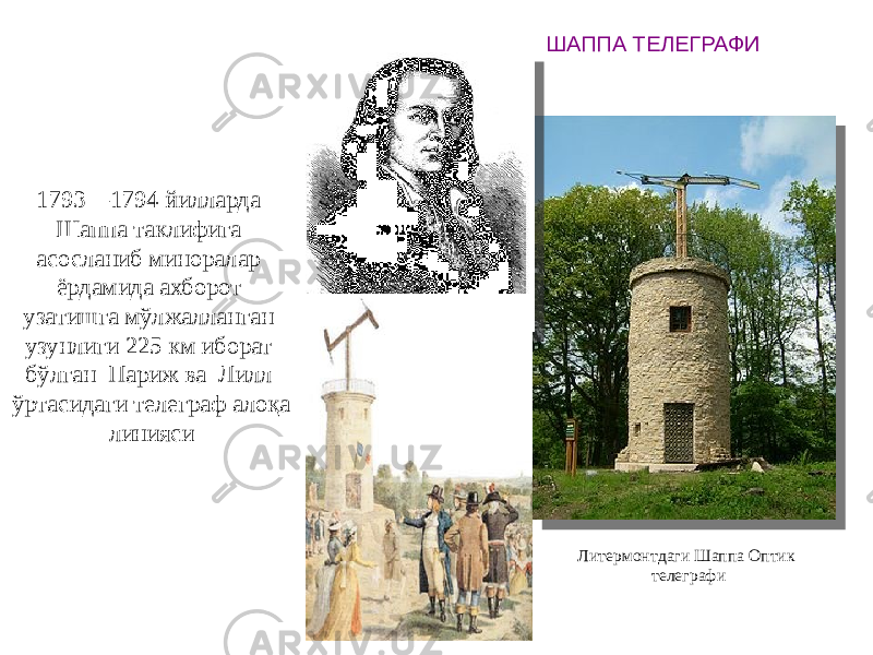 1793—1794 йилларда Шаппа таклифига асосланиб миноралар ёрдамида ахборот узатишга мўлжалланган узунлиги 225 км иборат бўлган Париж ва Лилл ўртасидаги телеграф алоқа линияси Литермонтдаги Шаппа Оптик телеграфи ШАППА ТЕЛЕГРАФИ 