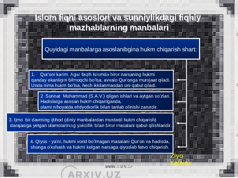 Islom fiqhi asoslori va sunniylikdagi fiqhiy Islom fiqhi asoslori va sunniylikdagi fiqhiy mazhablarning manbalarimazhablarning manbalari Quyidagi manbalarga asoslanibgina hukm chiqarish shart: 1. Qur&#39;oni karim. Agar faqih Islomda biror narsaning hukmi qanday ekanligini bilmoqchi bo&#39;lsa, avvalo Qur&#39;onga murojaat qiladi. Unda nima hukm bo&#39;lsa, hech ikkilanmasdan uni qabul qiladi. 2. Sunnat Muhammad (S.A.V.) qilgan ishlari va aytgan so&#39;zlari. Hadislarga asosan hukm chiqarilganda, ularni nihoyatda ehtiyotkorlik bilan tanlab olinishi zarurdir. 3. Ijmo bir davrning ijtihod (diniy manbalardan mustaqil hukm chiqarish) darajasiga yetgan ulamolarining yakdillik bilan biror masalani qabul qilishlaridir. 4. Qiyos - ya&#39;ni, hukmi vorid bo&#39;lmagan masalani Qur&#39;on va hadisda, shunga o&#39;xshash va hukmi kelgan narsaga qiyoslab fatvo chiqarish. Ziyo Kelajak www.arxiv.uz 