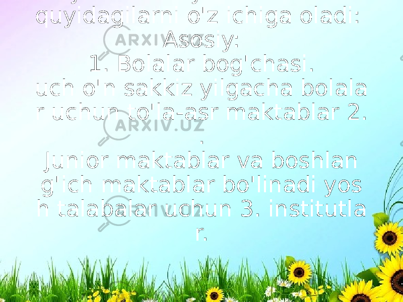 Buyuk Britaniya ta&#39;lim tizimi quyidagilarni o&#39;z ichiga oladi: Asosiy: 1. Bolalar bog&#39;chasi. uch o&#39;n sakkiz yilgacha bolala r uchun to&#39;la-asr maktablar 2. . Junior maktablar va boshlan g&#39;ich maktablar bo&#39;linadi yos h talabalar uchun 3. institutla r. 